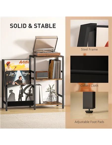 HOMCOM 3-Tier Record Player Stand, End Table for Living Room, Bedroom - Rustic Brown