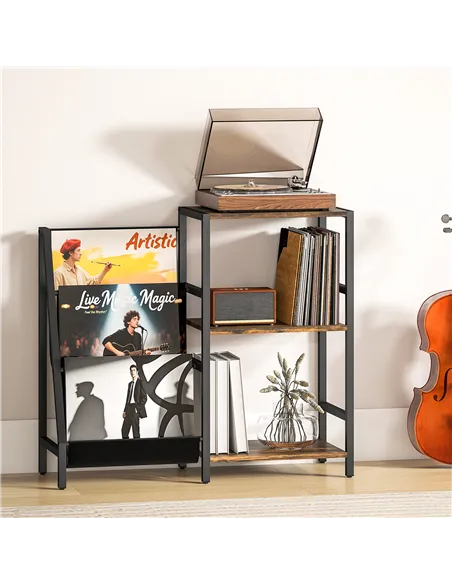 HOMCOM 3-Tier Record Player Stand, End Table for Living Room, Bedroom - Rustic Brown