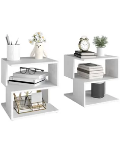HOMCOM Set of 2 Side Table, Square Coffee Table, Modern End Table with 2 Tier Storage Shelves for Living Room, Bedroom, White