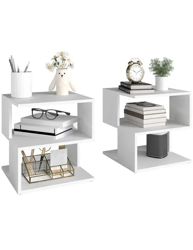 HOMCOM Set of 2 Side Table, Square Coffee Table, Modern End Table with 2 Tier Storage Shelves for Living Room, Bedroom, White