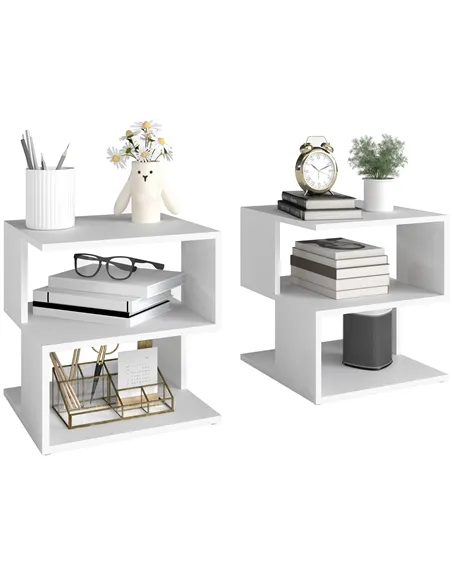 HOMCOM Set of 2 Side Table, Square Coffee Table, Modern End Table with 2 Tier Storage Shelves for Living Room, Bedroom, White
