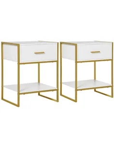 HOMCOM Bedside Table Set of 2, Modern Side Tables with Drawer and Shelf, Nightstands for Bedroom, White