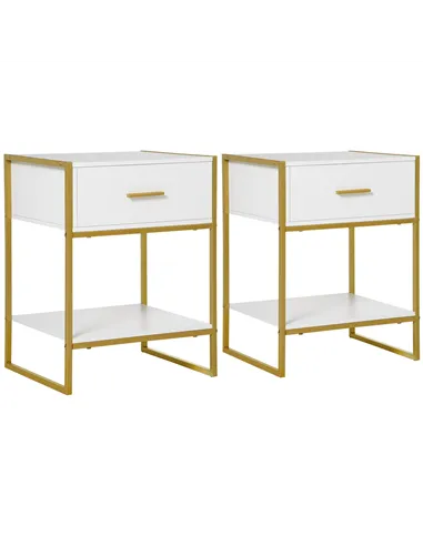 HOMCOM Bedside Table Set of 2, Modern Side Tables with Drawer and Shelf, Nightstands for Bedroom, White