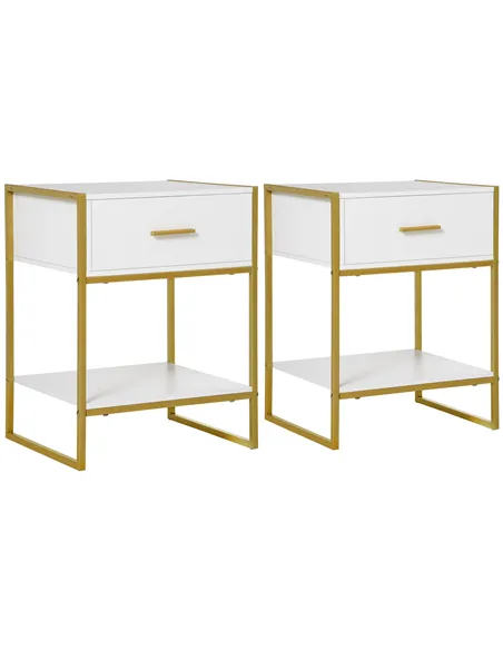 HOMCOM Bedside Table Set of 2, Modern Side Tables with Drawer and Shelf, Nightstands for Bedroom, White