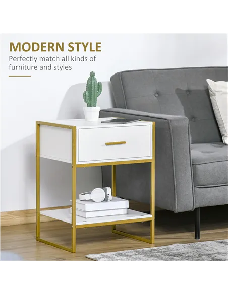 HOMCOM Bedside Table Set of 2, Modern Side Tables with Drawer and Shelf, Nightstands for Bedroom, White