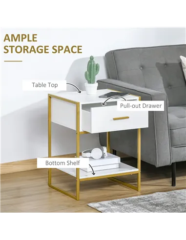 HOMCOM Bedside Table Set of 2, Modern Side Tables with Drawer and Shelf, Nightstands for Bedroom, White