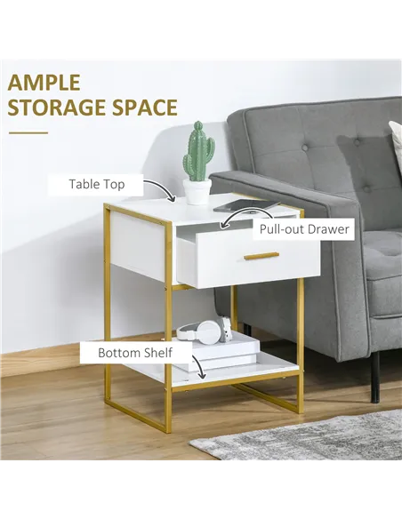 HOMCOM Bedside Table Set of 2, Modern Side Tables with Drawer and Shelf, Nightstands for Bedroom, White