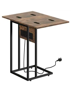 HOMCOM C Shaped Side Table with Charging Station and Foldable Top - Rustic Brown