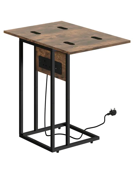 HOMCOM C Shaped Side Table with Charging Station and Foldable Top - Rustic Brown