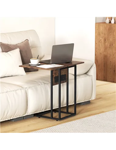 HOMCOM C Shaped Side Table with Charging Station and Foldable Top - Rustic Brown