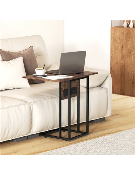 HOMCOM C Shaped Side Table with Charging Station and Foldable Top - Rustic Brown