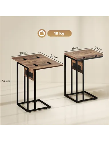 HOMCOM C Shaped Side Table with Charging Station and Foldable Top - Rustic Brown