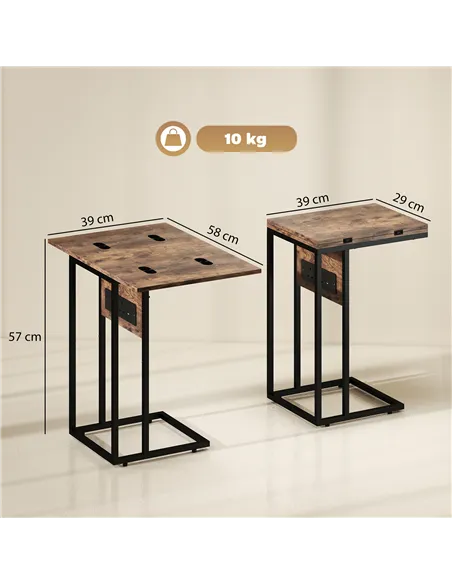 HOMCOM C Shaped Side Table with Charging Station and Foldable Top - Rustic Brown