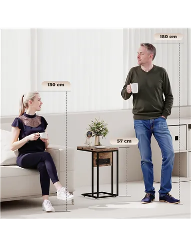 HOMCOM C Shaped Side Table with Charging Station and Foldable Top - Rustic Brown