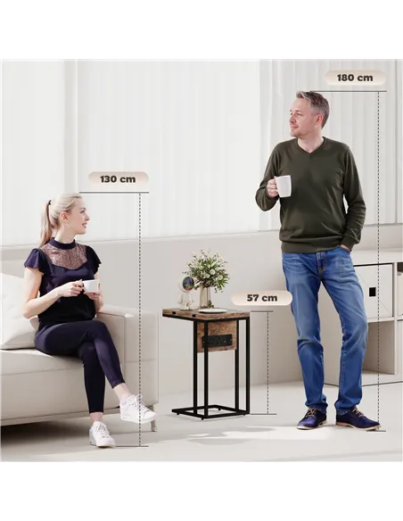 HOMCOM C Shaped Side Table with Charging Station and Foldable Top - Rustic Brown