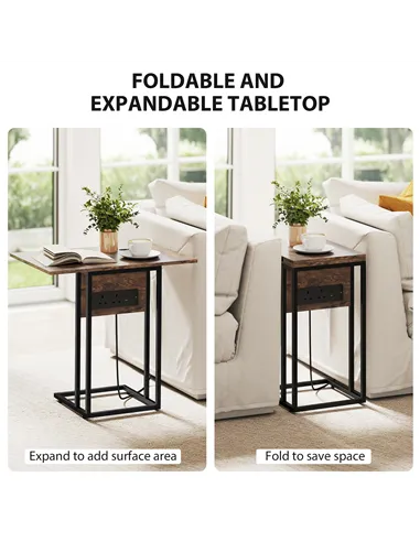 HOMCOM C Shaped Side Table with Charging Station and Foldable Top - Rustic Brown