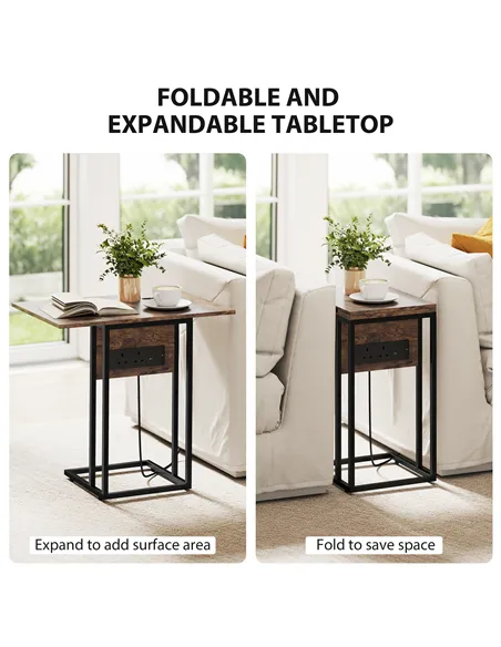 HOMCOM C Shaped Side Table with Charging Station and Foldable Top - Rustic Brown
