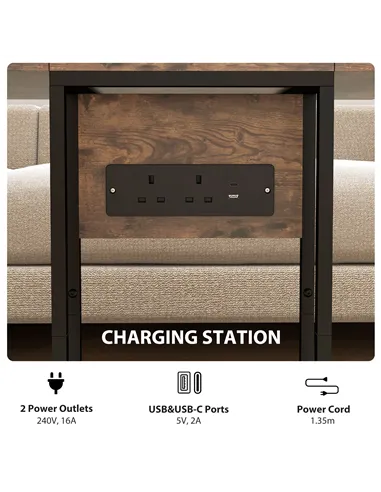HOMCOM C Shaped Side Table with Charging Station and Foldable Top - Rustic Brown