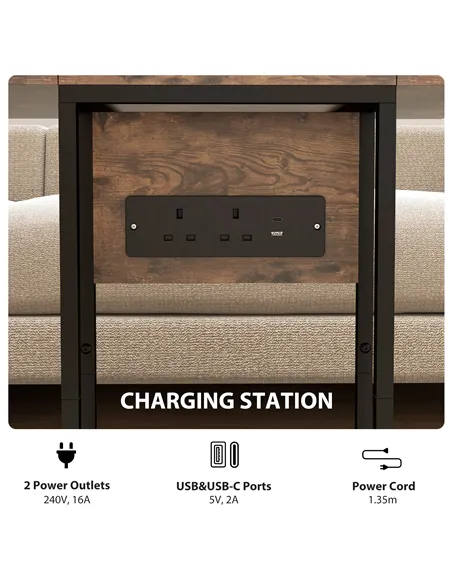 HOMCOM C Shaped Side Table with Charging Station and Foldable Top - Rustic Brown