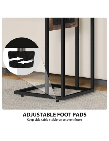 HOMCOM C Shaped Side Table with Charging Station and Foldable Top - Rustic Brown