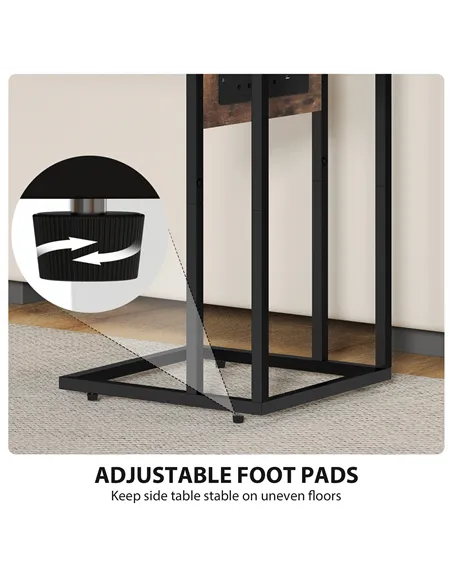 HOMCOM C Shaped Side Table with Charging Station and Foldable Top - Rustic Brown