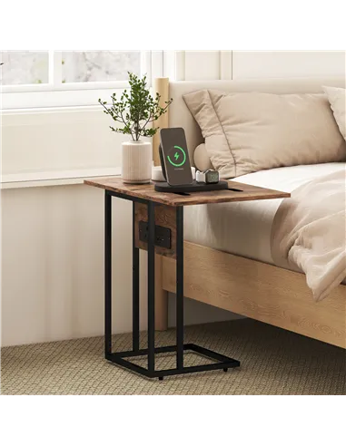 HOMCOM C Shaped Side Table with Charging Station and Foldable Top - Rustic Brown