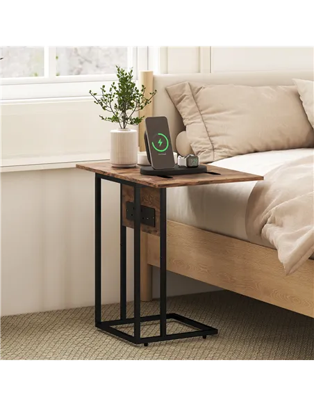 HOMCOM C Shaped Side Table with Charging Station and Foldable Top - Rustic Brown