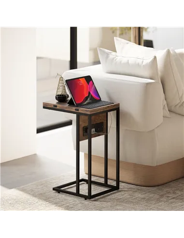 HOMCOM C Shaped Side Table with Charging Station and Foldable Top - Rustic Brown