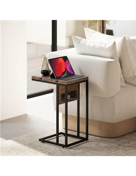 HOMCOM C Shaped Side Table with Charging Station and Foldable Top - Rustic Brown