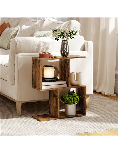 HOMCOM Side Table, Narrow End Table with Storage Shelves, S-Shaped, 3-Tier, 50W x 19.5D x 58H cm, Rustic Brown