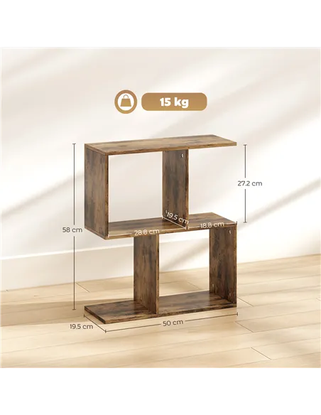 HOMCOM Side Table, Narrow End Table with Storage Shelves, S-Shaped, 3-Tier, 50W x 19.5D x 58H cm, Rustic Brown