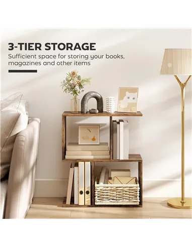 HOMCOM Side Table, Narrow End Table with Storage Shelves, S-Shaped, 3-Tier, 50W x 19.5D x 58H cm, Rustic Brown