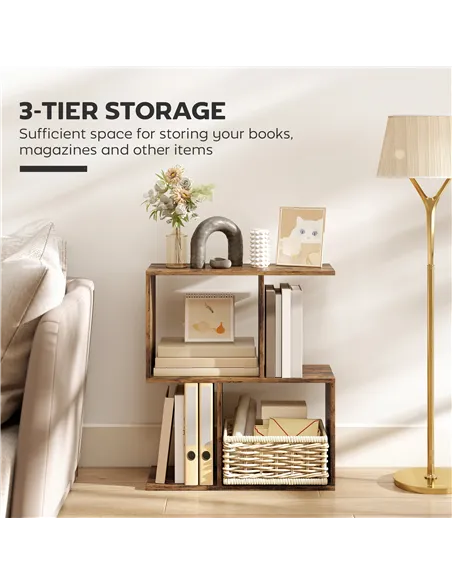HOMCOM Side Table, Narrow End Table with Storage Shelves, S-Shaped, 3-Tier, 50W x 19.5D x 58H cm, Rustic Brown
