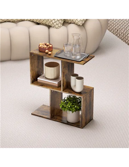HOMCOM Side Table, Narrow End Table with Storage Shelves, S-Shaped, 3-Tier, 50W x 19.5D x 58H cm, Rustic Brown