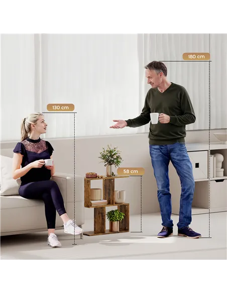 HOMCOM Side Table, Narrow End Table with Storage Shelves, S-Shaped, 3-Tier, 50W x 19.5D x 58H cm, Rustic Brown