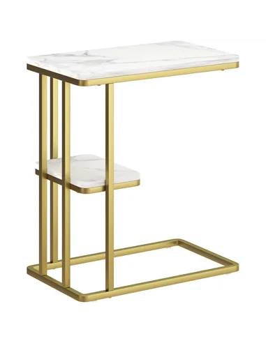 HOMCOM C-Shaped Narrow Side Table, 2-Tier Slim End Table, Nightstand for Small Spaces, Living Room, Bedroom, White Marble Grain