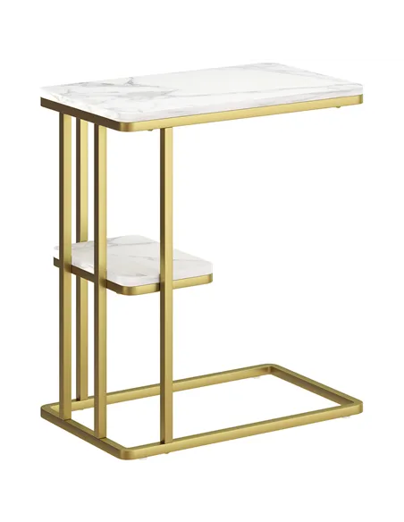 HOMCOM C-Shaped Narrow Side Table, 2-Tier Slim End Table, Nightstand for Small Spaces, Living Room, Bedroom, White Marble Grain