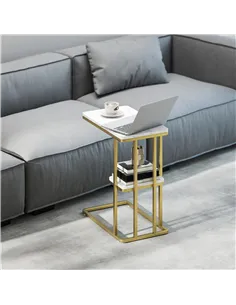 HOMCOM C-Shaped Narrow Side Table, 2-Tier Slim End Table, Nightstand for Small Spaces, Living Room, Bedroom, White Marble Grain 2