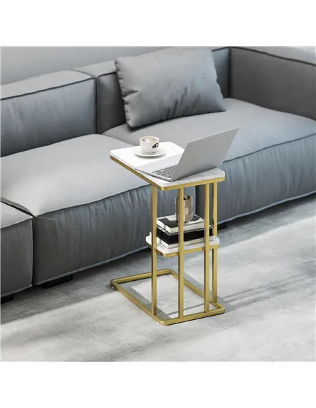 HOMCOM C-Shaped Narrow Side Table, 2-Tier Slim End Table, Nightstand for Small Spaces, Living Room, Bedroom, White Marble Grain