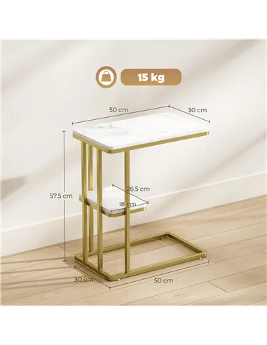 HOMCOM C-Shaped Narrow Side Table, 2-Tier Slim End Table, Nightstand for Small Spaces, Living Room, Bedroom, White Marble Grain