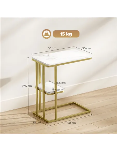 HOMCOM C-Shaped Narrow Side Table, 2-Tier Slim End Table, Nightstand for Small Spaces, Living Room, Bedroom, White Marble Grain