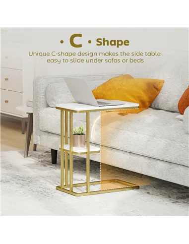 HOMCOM C-Shaped Narrow Side Table, 2-Tier Slim End Table, Nightstand for Small Spaces, Living Room, Bedroom, White Marble Grain