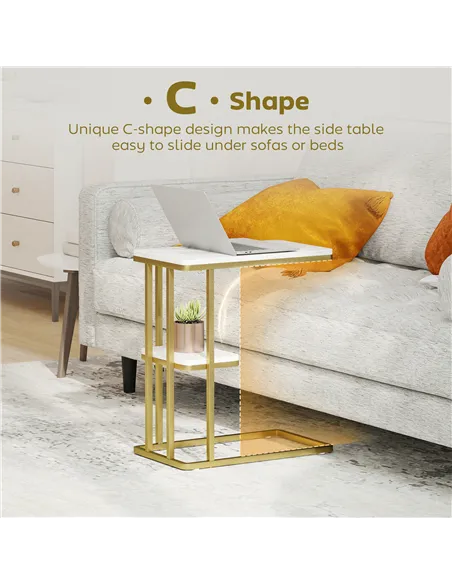 HOMCOM C-Shaped Narrow Side Table, 2-Tier Slim End Table, Nightstand for Small Spaces, Living Room, Bedroom, White Marble Grain