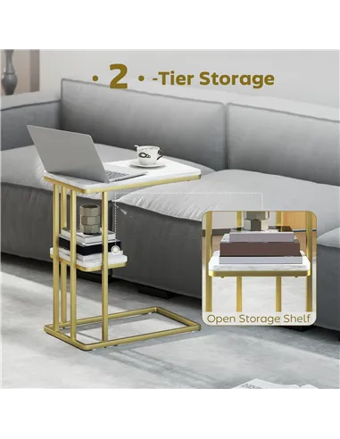HOMCOM C-Shaped Narrow Side Table, 2-Tier Slim End Table, Nightstand for Small Spaces, Living Room, Bedroom, White Marble Grain