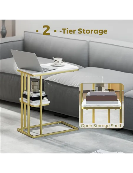 HOMCOM C-Shaped Narrow Side Table, 2-Tier Slim End Table, Nightstand for Small Spaces, Living Room, Bedroom, White Marble Grain