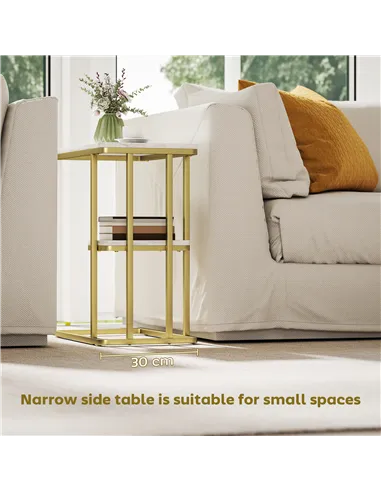 HOMCOM C-Shaped Narrow Side Table, 2-Tier Slim End Table, Nightstand for Small Spaces, Living Room, Bedroom, White Marble Grain