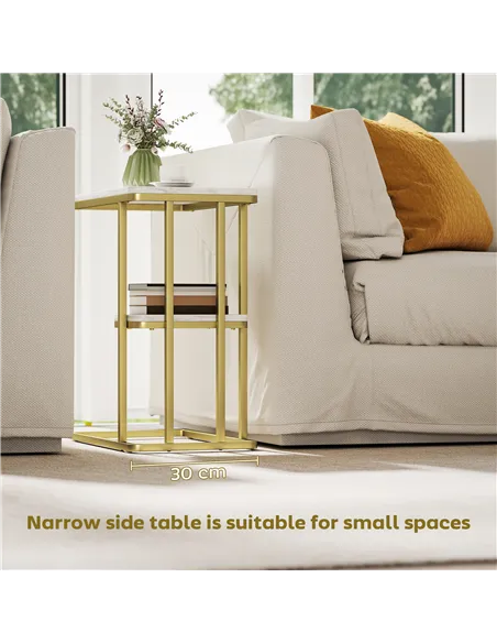 HOMCOM C-Shaped Narrow Side Table, 2-Tier Slim End Table, Nightstand for Small Spaces, Living Room, Bedroom, White Marble Grain