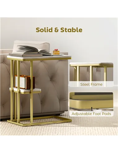 HOMCOM C-Shaped Narrow Side Table, 2-Tier Slim End Table, Nightstand for Small Spaces, Living Room, Bedroom, White Marble Grain