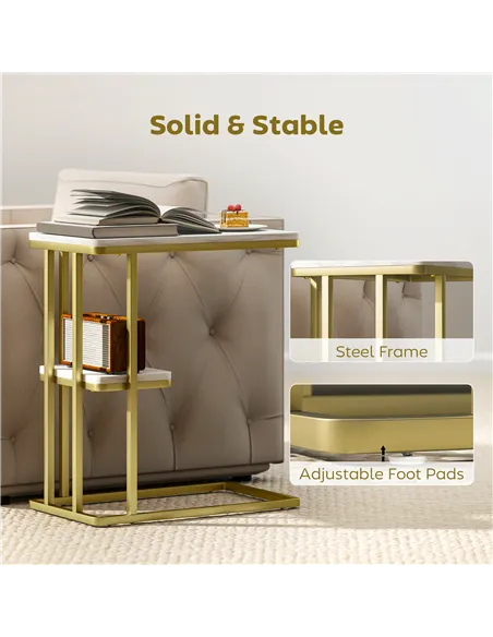 HOMCOM C-Shaped Narrow Side Table, 2-Tier Slim End Table, Nightstand for Small Spaces, Living Room, Bedroom, White Marble Grain