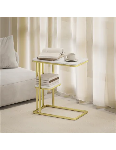 HOMCOM C-Shaped Narrow Side Table, 2-Tier Slim End Table, Nightstand for Small Spaces, Living Room, Bedroom, White Marble Grain